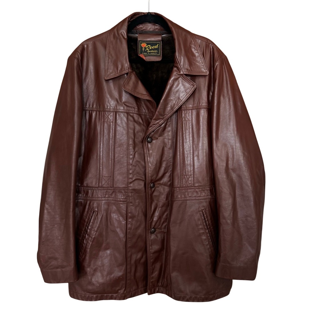 Reed Sportswear Leather Jacket Brown Vintage 1970s Faux Fur Lined Coat Retro Dad